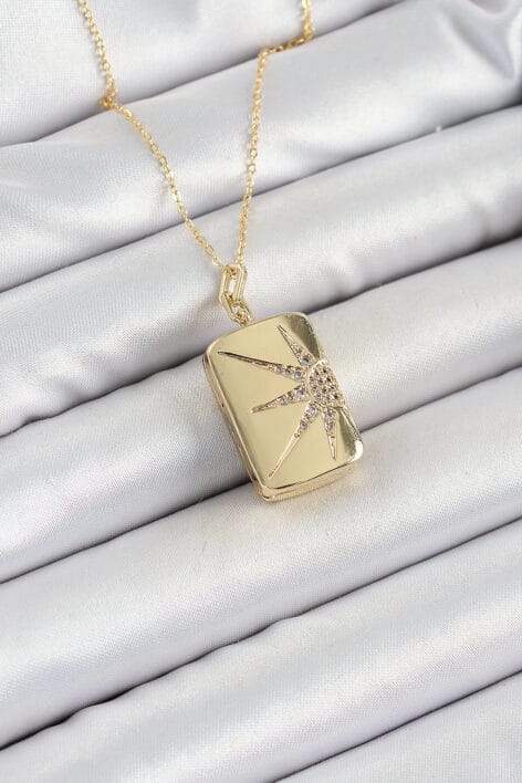 316L Çelk Açılabilir Dikdörtgen Model Zirkon Taşlı Gold Renk Kadın Zincir kolye