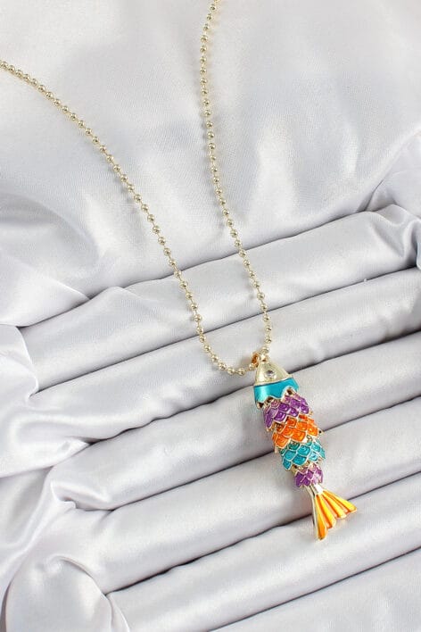 Pirinç Rainbow Balık Model Zirkon Taşlı Gold Renk Kadın Kolye - Görsel 2