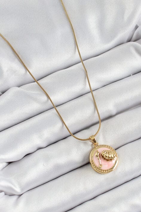 316L Çelik Zincir Pembe Mineli Sanatsal Portre İstiridye Model Gold Renk Kadın Kolye - Görsel 2
