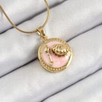 316L Çelik Zincir Pembe Mineli Sanatsal Portre İstiridye Model Gold Renk Kadın Kolye