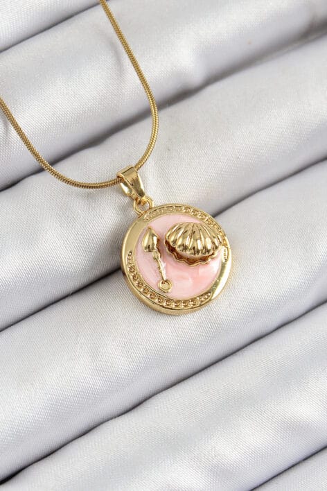 316L Çelik Zincir Pembe Mineli Sanatsal Portre İstiridye Model Gold Renk Kadın Kolye
