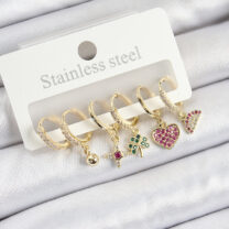Pirinç Zirkon Taşlı Karpuz Yonca Kalp Pusula Karışık Model Gold Renk 6’lı Set Kadın Küpe