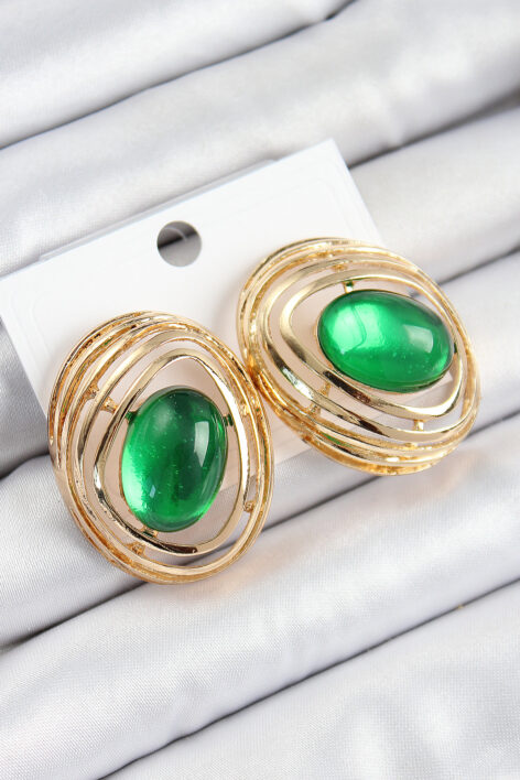 Pirinç Zümrüt Yeşili Zirkon Taşlı Oval Model Gold Renk Kadın Küpe