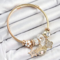 316L Çelik Beyaz Zirkon Taşlı Yıldız Göz Ve Yonca Model Gold Renk Charm Bileklik