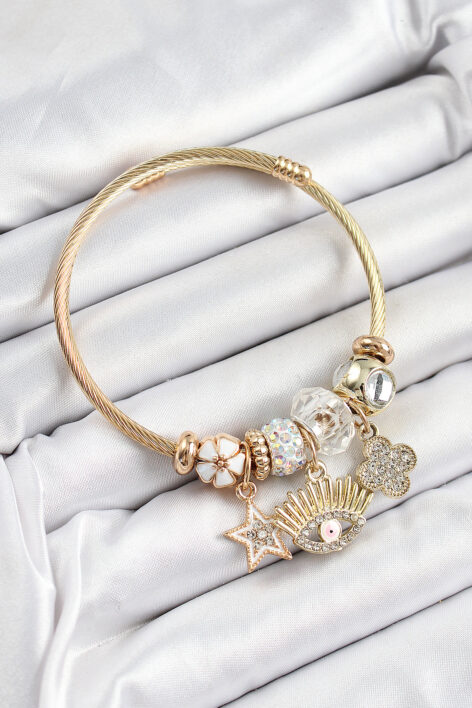 316L Çelik Beyaz Zirkon Taşlı Yıldız Göz Ve Yonca Model Gold Renk Charm Bileklik