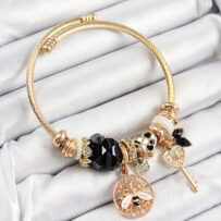 316L Çelik Siyah Zirkon Taşlı Baykuş Arı Ve Anahtar Model Gold Renk Charm Bileklik