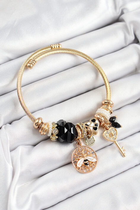 316L Çelik Siyah Zirkon Taşlı Baykuş Arı Ve Anahtar Model Gold Renk Charm Bileklik