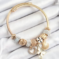 316L Çelik Beyaz Zirkon Taşlı Kalp Kelebek Ve İstiridye Model Gold Renk Charm Bileklik