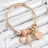 316L Çelik Pembe Zirkon Taşlı Yıldız Melek İstiridye Ve Kalp Model Gold Renk Charm Bileklik