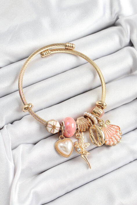 316L Çelik Pembe Zirkon Taşlı Yıldız Melek İstiridye Ve Kalp Model Gold Renk Charm Bileklik