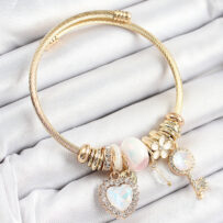 316L Çelik Beyaz Zirkon Taşlı Anahtar Ve Kalp Model Gold Renk Charm Bileklik
