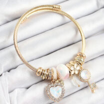 316L Çelik Beyaz Zirkon Taşlı Anahtar Ve Kalp Model Gold Renk Charm Bileklik