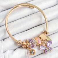 316L Çelik Mor Zirkon Taşlı Kelebek Model Gold Renk Charm Bileklik
