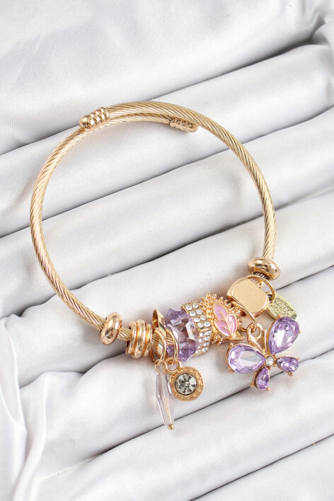 316L Çelik Mor Zirkon Taşlı Kelebek Model Gold Renk Charm Bileklik