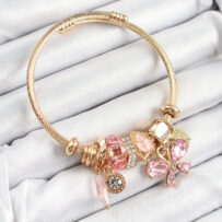 316L Çelik Pembe Zirkon Taşlı Kelebek Model Gold Renk Charm Bileklik