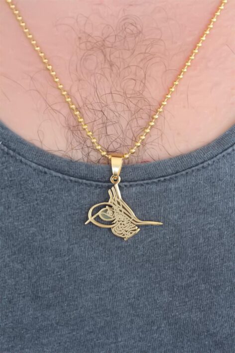 Gold Renk Metal Tuğra Figürlü Erkek Kolye - Görsel 2