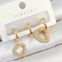 Pirinç Zirkon Taşlı Kalp Model Gold Renk 3’lü Çift Kadın Küpe Set