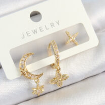 Pirinç Zirkon Taşlı Çiçek Ve Ay Model Gold Renk 3’lü Çift Kadın Küpe Set