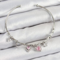 Pirinç Zirkon Taşlı Pembe Kalp Model Gümüş Renk Charm Bileklik