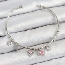 Pirinç Zirkon Taşlı Pembe Kalp Model Gümüş Renk Charm Bileklik