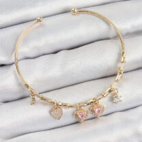 Pirinç Zirkon Taşlı Pembe Kalp Model Gold Renk Charm Bileklik