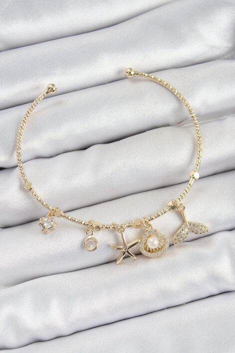 Pirinç Zirkon Taşlı İstiridye Ve Deniz Yıldızı Model Gold Renk Charm Bileklik