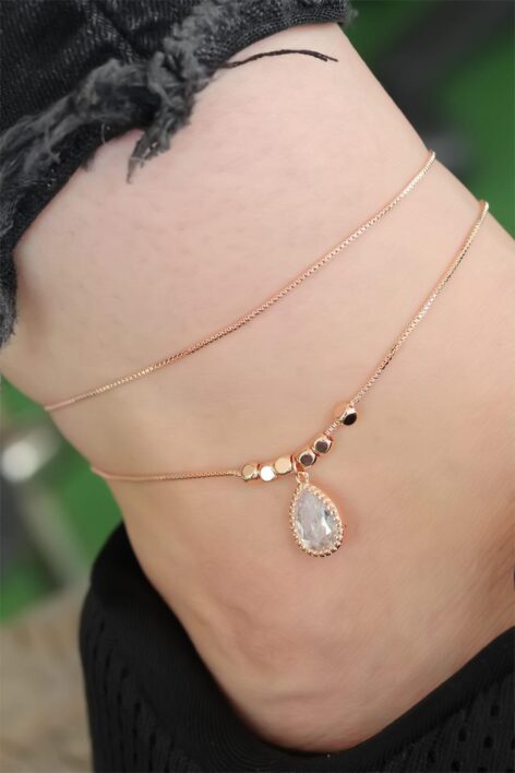 Rose Gold Renk Zirkon Damla Taşlı Halhal - Görsel 2
