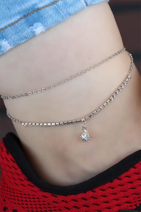 Zirkon Taşlı Silver Renk Çift Zincir Hal Hal - Görsel 2