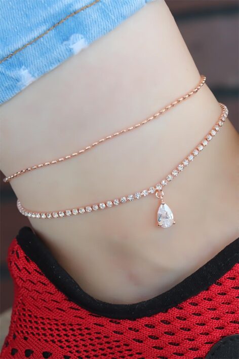 Zirkon Taşlı Rose Renk Çift Zincirli Hal Hal - Görsel 2