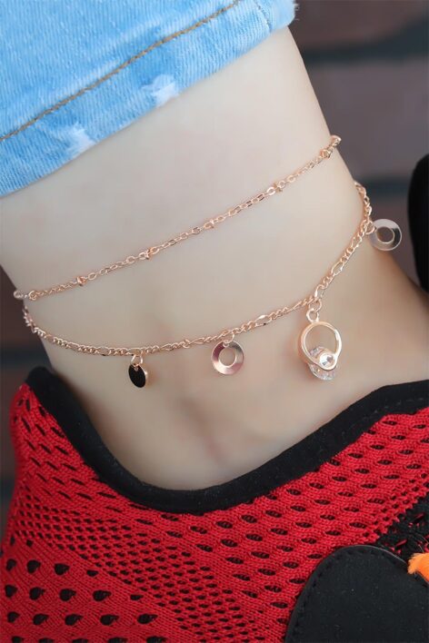 Kristal Taşlı Halkalı Rose Renk Çift Zincirli Hal Hal - Görsel 2