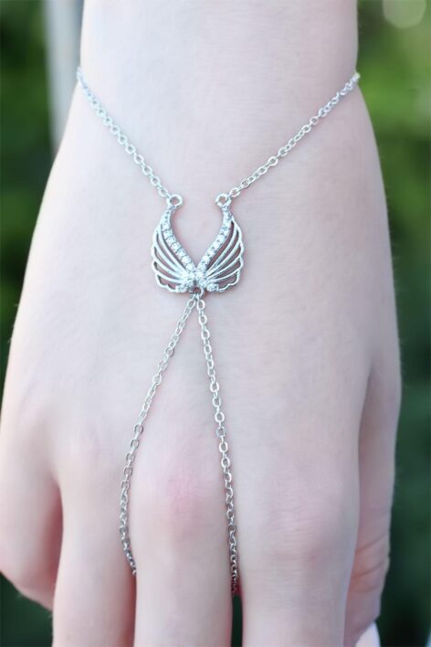 Melek Kanadı Figürlü Zirkon Taşlı Silver Renkli Şahmeran Bileklik - Görsel 2
